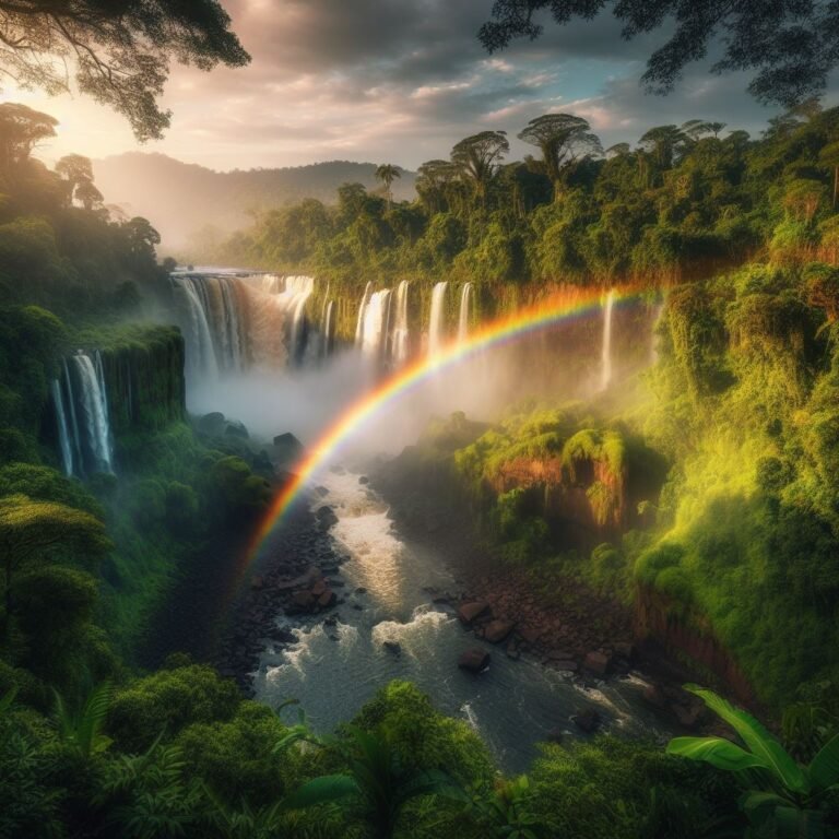 A rainbow over a waterfall surrounded by lush vegetation