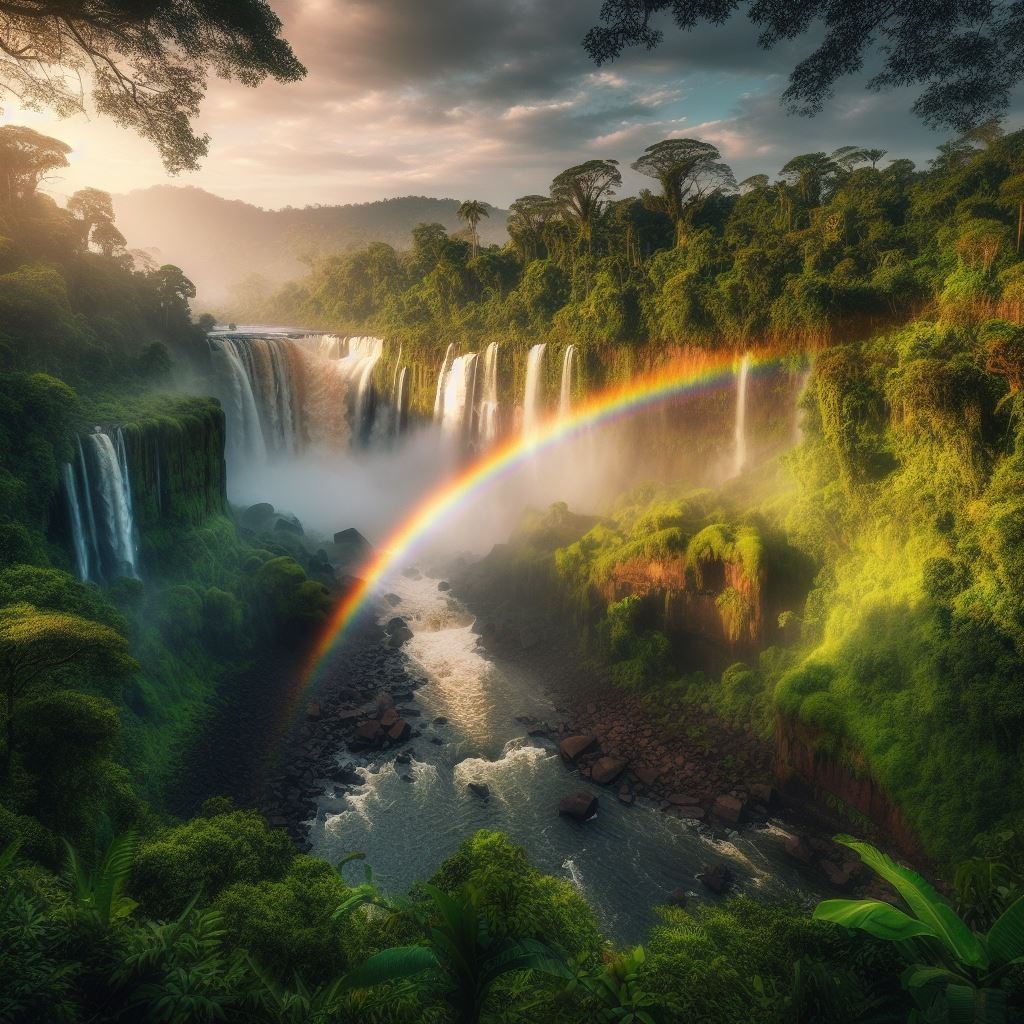A rainbow over a waterfall surrounded by lush vegetation
