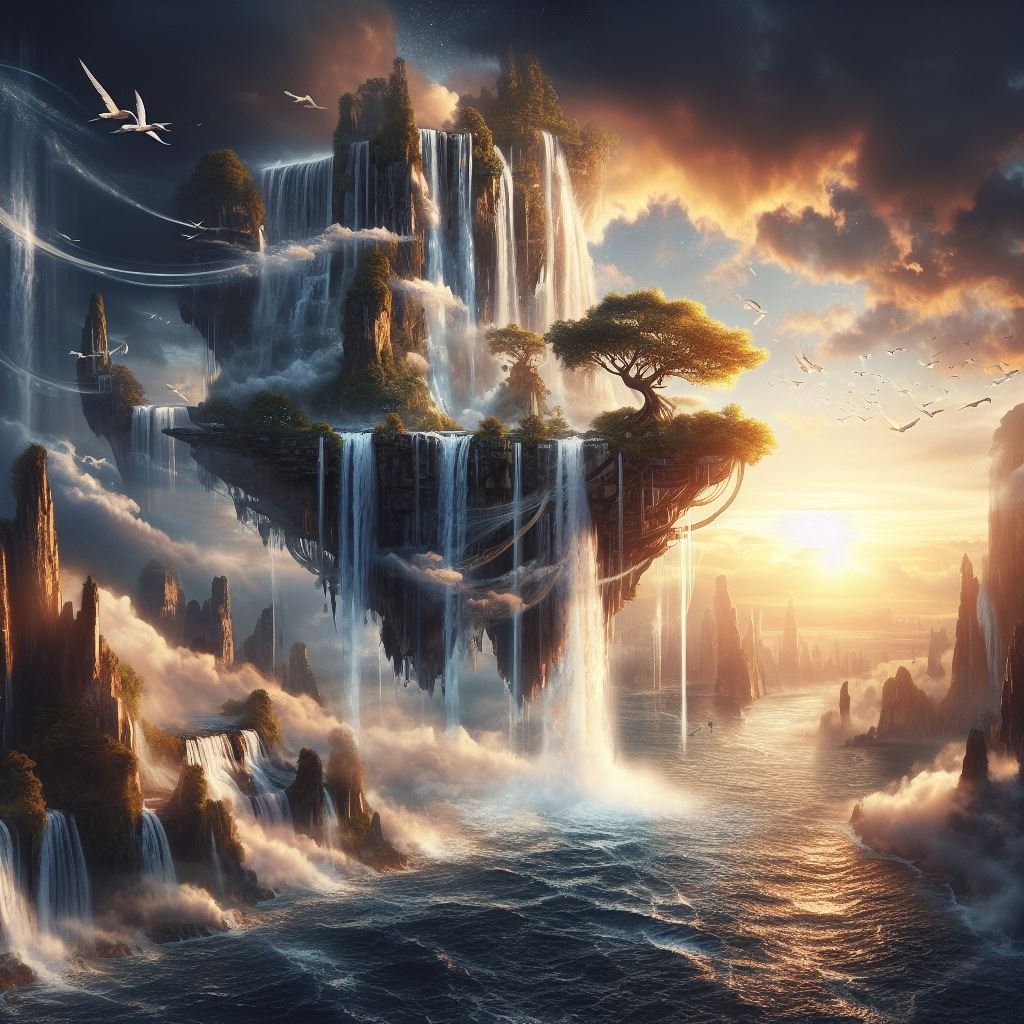 Flying waterfall Digital art, realistic photograph