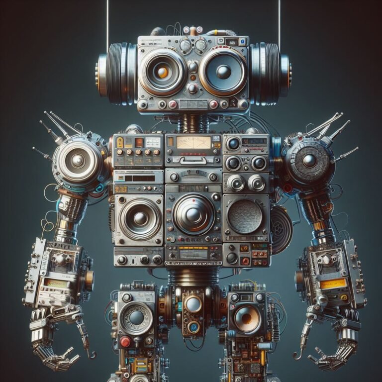 Robot made of analog stereo equipment, digital art