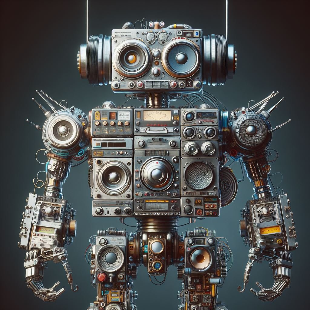 Robot made of analog stereo equipment, digital art